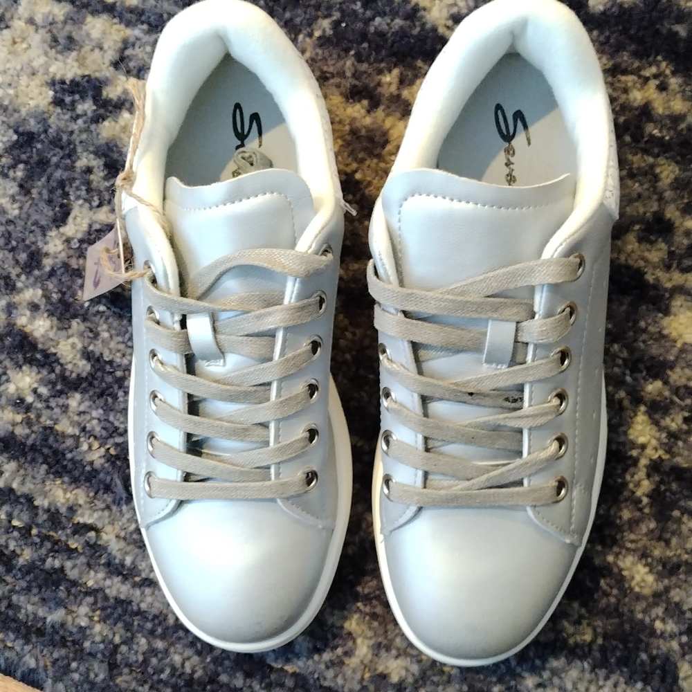 - - Seven7 metallic silver vegan tie up sneakers NWT